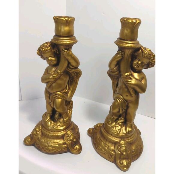 Set Of 2 VTG Gold Cherub Candleholder Candle Stick Chalk ware 13” - Picture 3 of 12